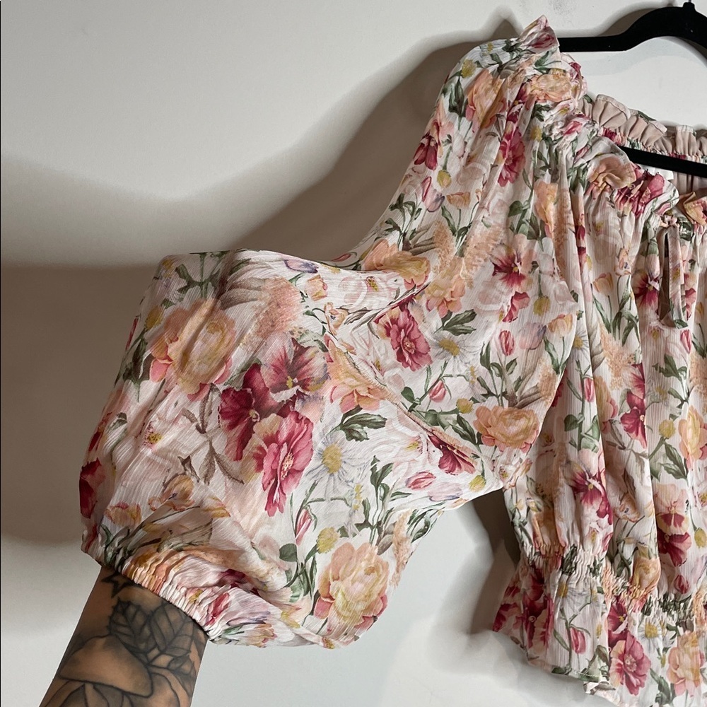 Bohme | Women’s Floral Sheer Puff Sleeve Off Shoulder Top Size Medium NWT - Picture 3 of 6